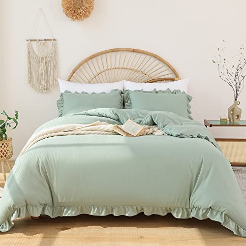 JANZAA Queen Comforter Set Sage Green 3PCS（1 Ruffled Comforter Set and 2 Pillowcases） Vintage Farmhouse Shabby Chic Bedding Soft Fluffy Comforter Set All Season - Image 2