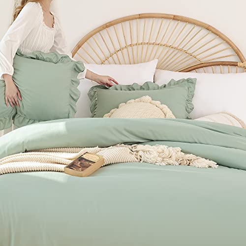 JANZAA Queen Comforter Set Sage Green 3PCS（1 Ruffled Comforter Set and 2 Pillowcases） Vintage Farmhouse Shabby Chic Bedding Soft Fluffy Comforter Set All Season - Image 5