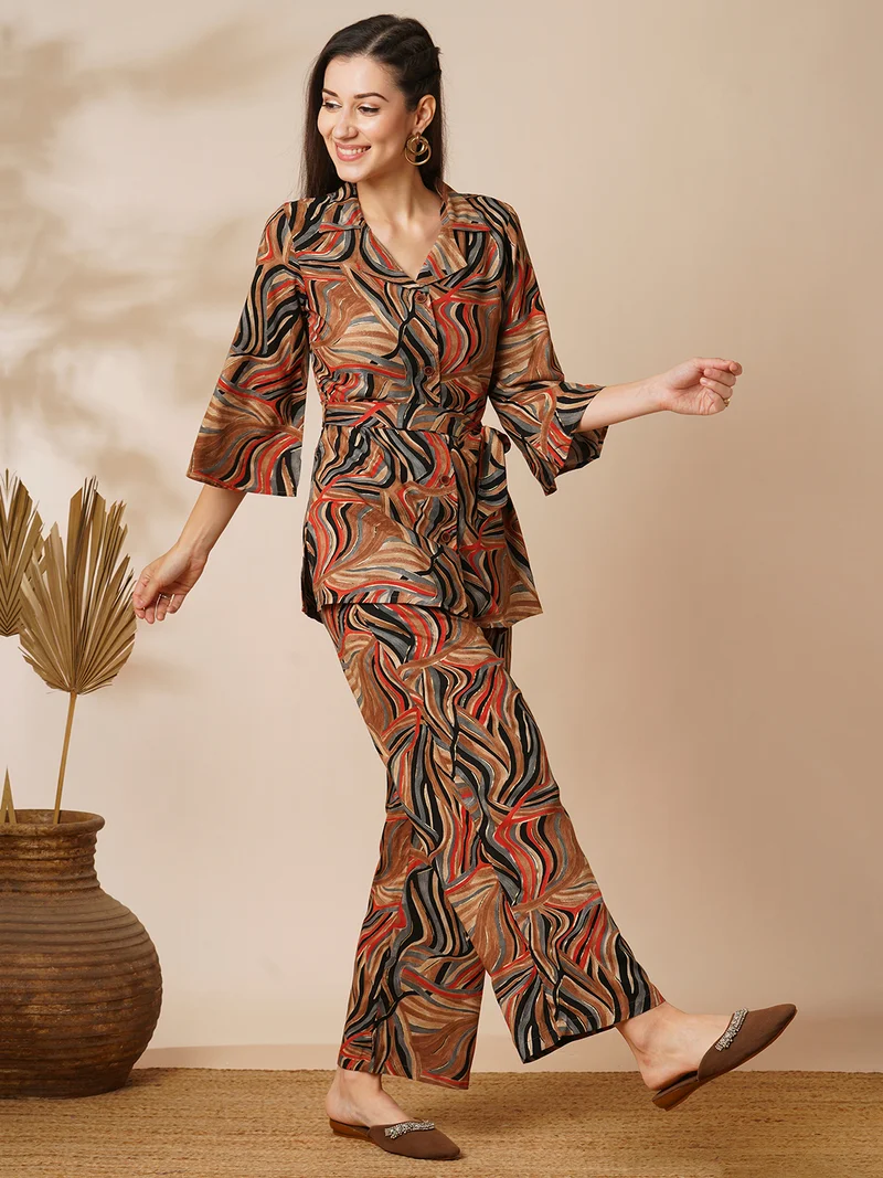 globus Globus Women Brown & Red Foil Print Shirt Style Top & Pant