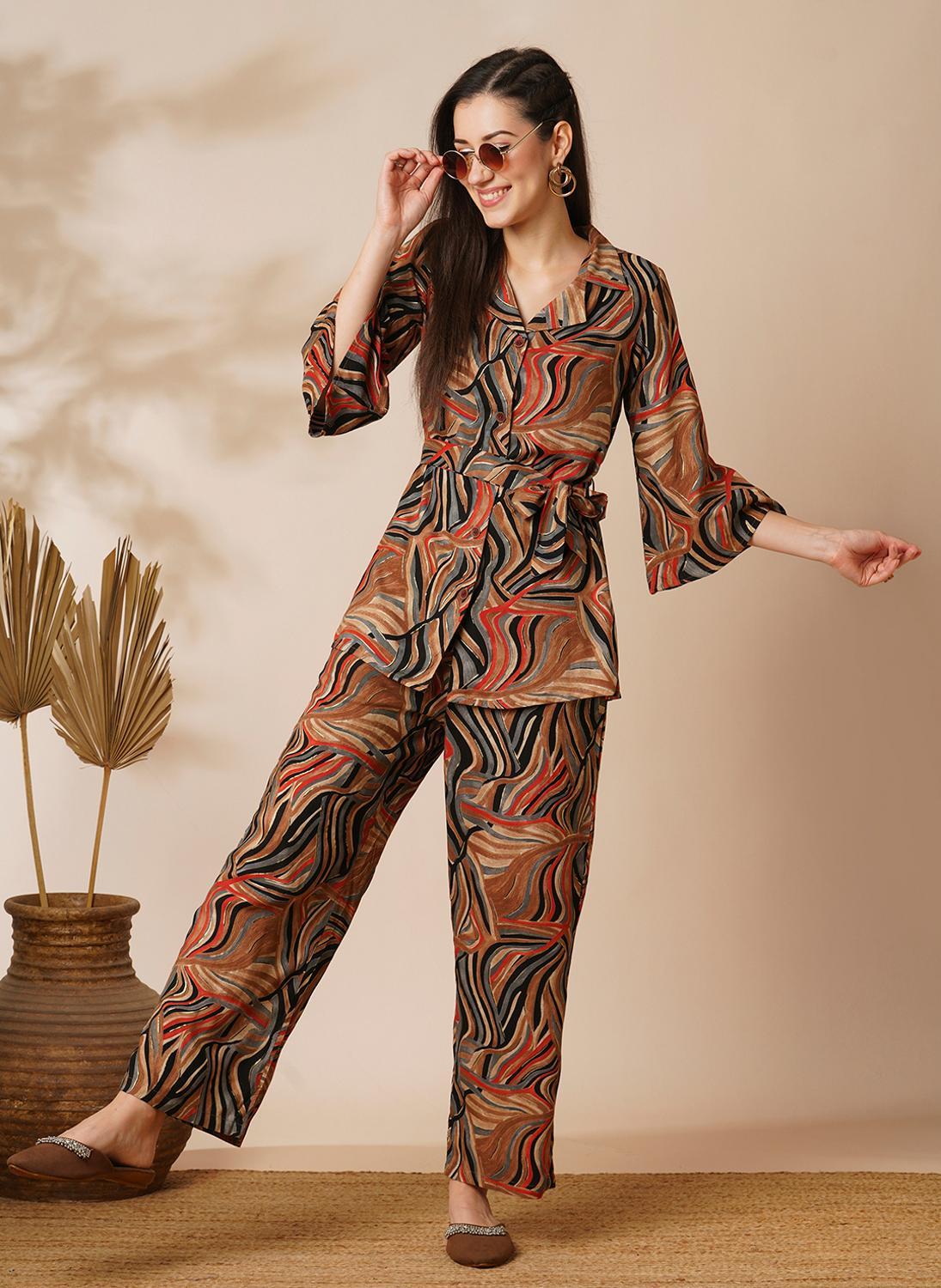 Globus Women's Brown Casual Co Ords Set with Collared Neck Flared Sleeves Top and Pants