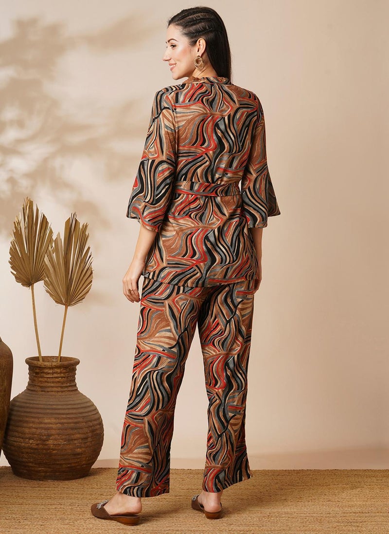 Globus Women's Brown Casual Co Ords Set with Collared Neck Flared Sleeves Top and Pants - Image 4