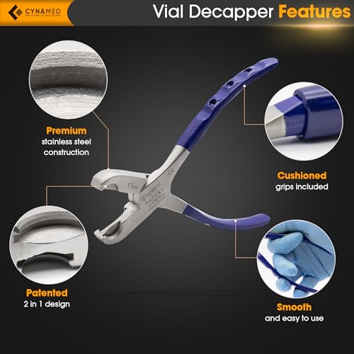 Cynamed 2-in-1 Vial Decapper - Professional Dual Action Aluminum Crimp Top Remover, Manual De-Crimper for Medical & Pharmacy Glass Bottle Caps - Non-Slip Cushioned Grips, Stainless Steel - 11mm/20mm - Image 3