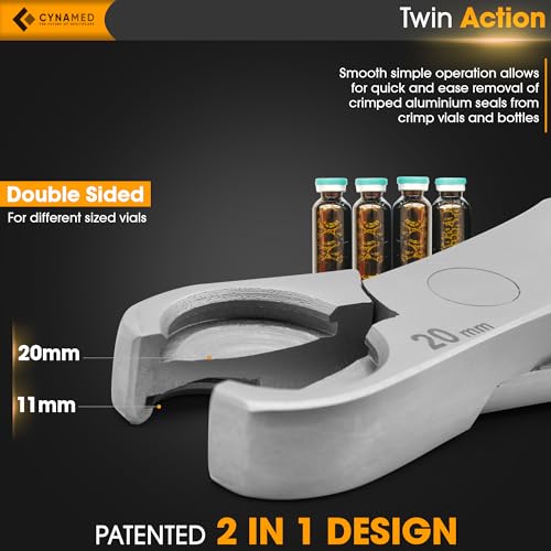 Cynamed 2-in-1 Vial Decapper - Professional Dual Action Aluminum Crimp Top Remover, Manual De-Crimper for Medical & Pharmacy Glass Bottle Caps - Non-Slip Cushioned Grips, Stainless Steel - 11mm/20mm - Image 2