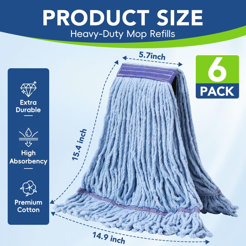 Zeefpod 6 Pack Commercial Mop Head Replacement â€“ Heavy Duty Mop Head for General and Floor Cleaning | Industrial Wet Mops | Washable Refill, Reusable, Looped End Mopheads | Hardwood, Concrete - Image 2