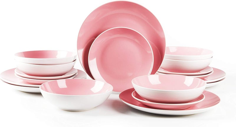 HomeVss Stoneware Coupe Shape 18pc Dinnerware Set Outside White  Inside Pink - Image 2