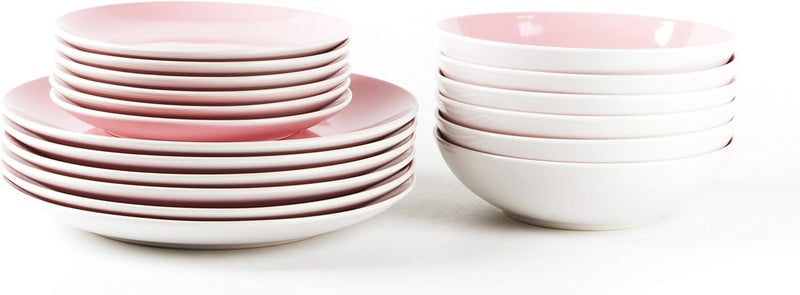 HomeVss Stoneware Coupe Shape 18pc Dinnerware Set Outside White  Inside Pink - Image 3