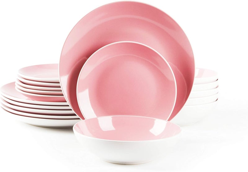 HomeVss Stoneware Coupe Shape 18pc Dinnerware Set Outside White  Inside Pink - Image 1