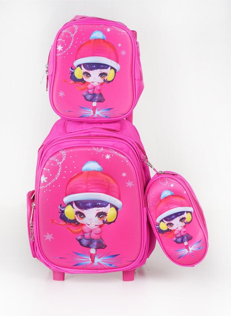 KTMC 3D Cartoon Dancing Girl Triple Set Pen Bag, Lunch Bag, School Trolley Bag for Baby Girls- Fuschia 9907