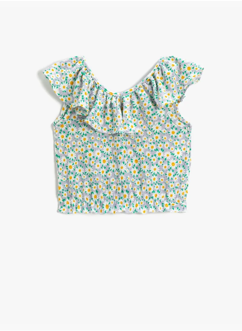 KOTON Floral Crop T-Shirt Ruffle Shoulder-Off