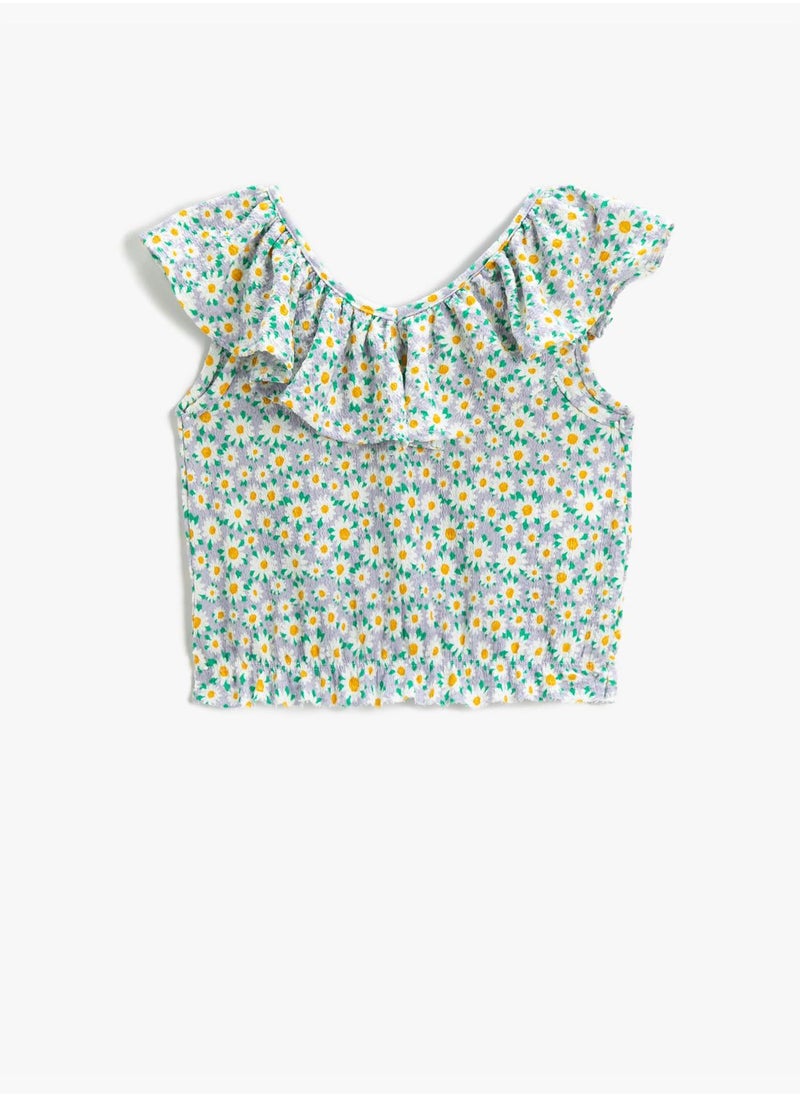 KOTON - Floral Crop T-Shirt Ruffle Shoulder-Off - Image 1