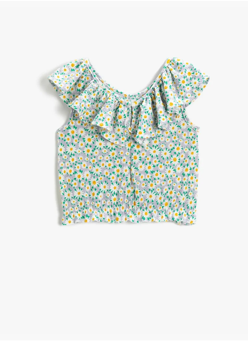 KOTON Floral Crop T-Shirt Ruffle Shoulder-Off