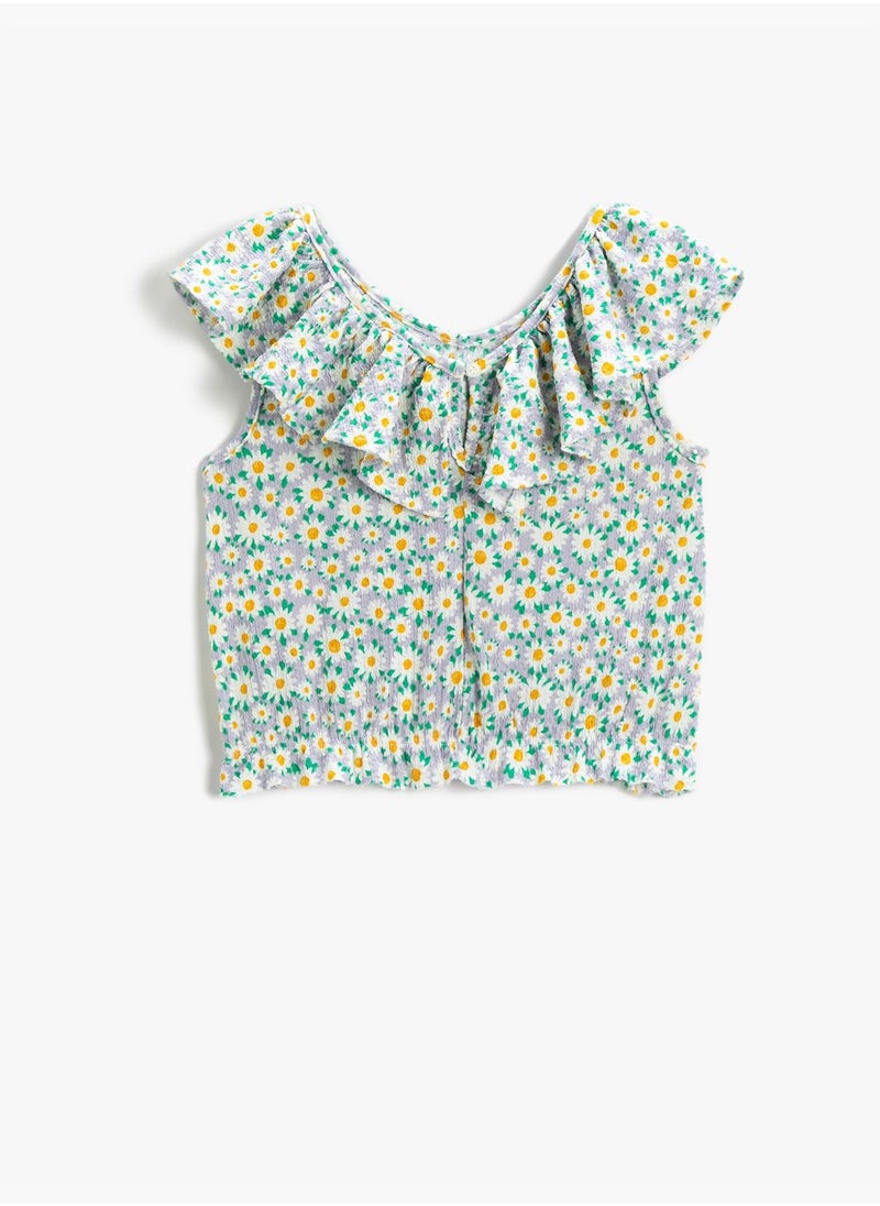 KOTON - Floral Crop T-Shirt Ruffle Shoulder-Off - Image 1