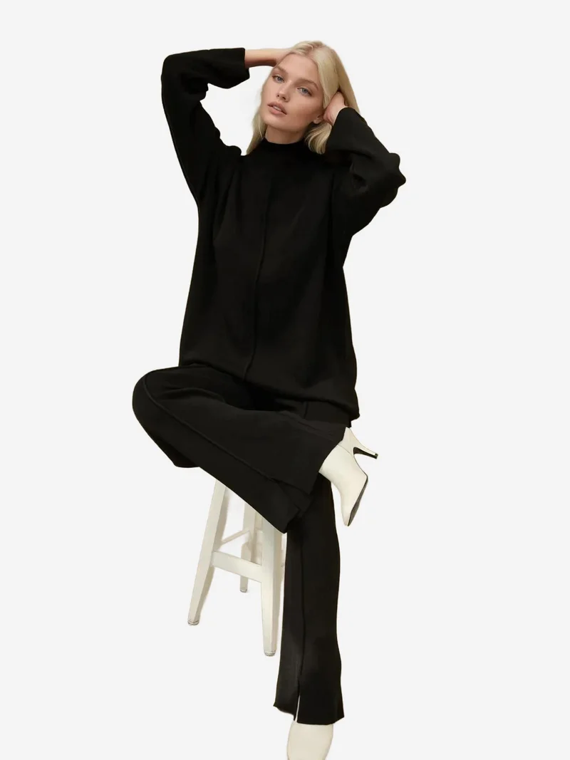 HICCUP Black Long Sweater & High Waist Wide Leg Knit Co-Ord Set for Women | Best Price UAE