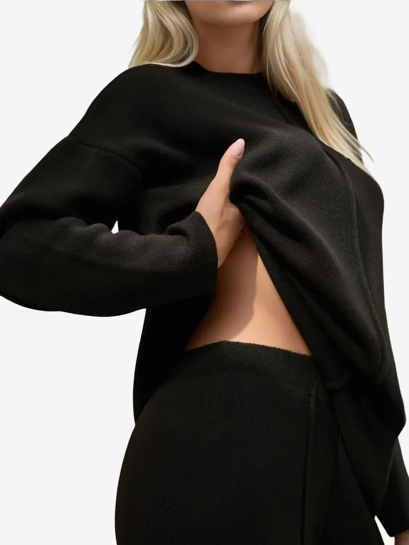 Hiccup Black Long Sweater & High Waist Wide Leg Knit Co-Ord Set for Women | Best Price UAE