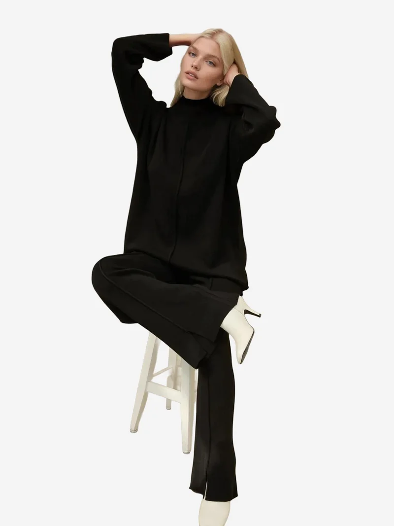 Hiccup Black Long Sweater & High Waist Wide Leg Knit Co-Ord Set for Women | Best Price UAE