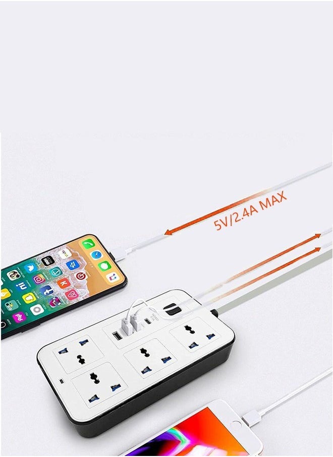 متجر الفرح سلك تمديد عالمي بطول 2 متر مزود بـ 4 مقابس طاقة و3 فتحات USB، شريط طاقة رباعي الاتجاهات مع فتحة شحن USB من النوع C وPD، سلك تمديد بطول 2 متر أبيض  - Image 2
