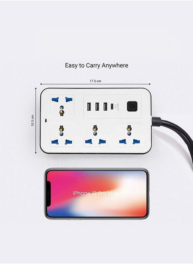 متجر الفرح سلك تمديد عالمي بطول 2 متر مزود بـ 4 مقابس طاقة و3 فتحات USB، شريط طاقة رباعي الاتجاهات مع فتحة شحن USB من النوع C وPD، سلك تمديد بطول 2 متر أبيض  - Image 3