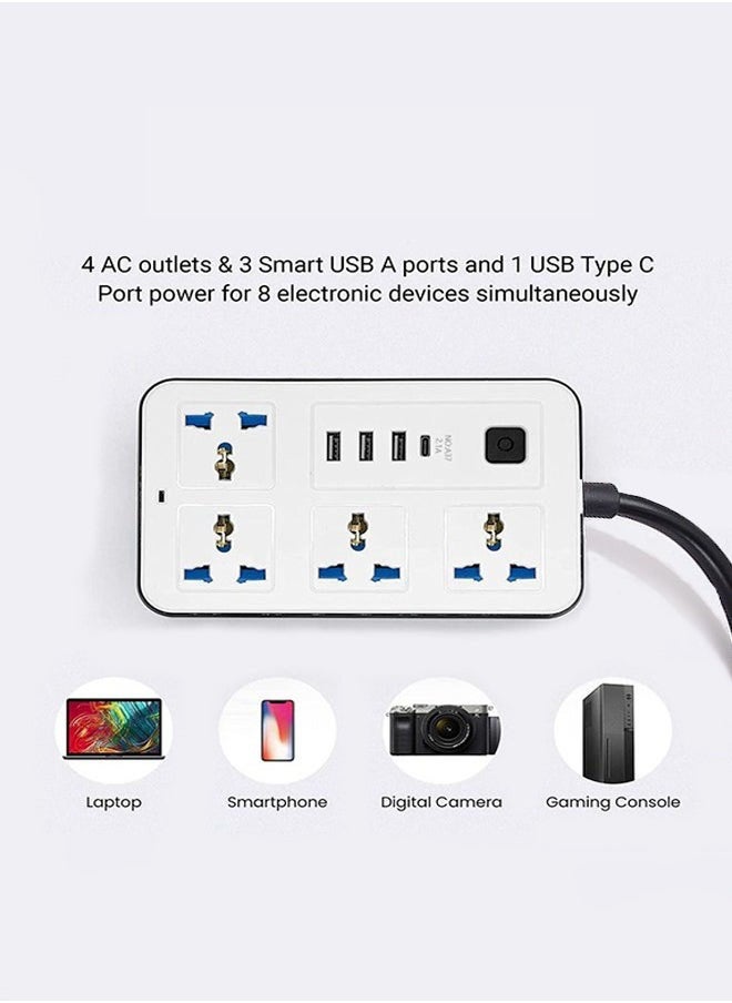 متجر الفرح سلك تمديد عالمي بطول 2 متر مزود بـ 4 مقابس طاقة و3 فتحات USB، شريط طاقة رباعي الاتجاهات مع فتحة شحن USB من النوع C وPD، سلك تمديد بطول 2 متر أبيض  - Image 4