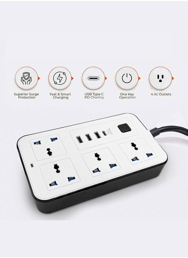 متجر الفرح سلك تمديد عالمي بطول 2 متر مزود بـ 4 مقابس طاقة و3 فتحات USB، شريط طاقة رباعي الاتجاهات مع فتحة شحن USB من النوع C وPD، سلك تمديد بطول 2 متر أبيض  - Image 5
