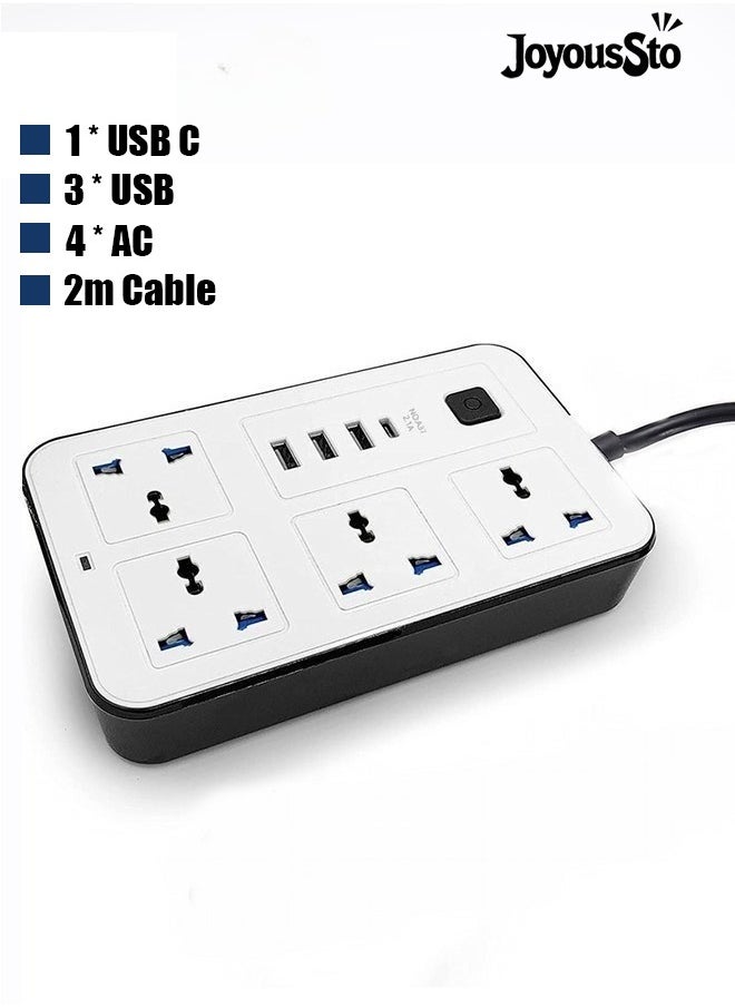 متجر الفرح سلك تمديد عالمي بطول 2 متر مزود بـ 4 مقابس طاقة و3 فتحات USB، شريط طاقة رباعي الاتجاهات مع فتحة شحن USB من النوع C وPD، سلك تمديد بطول 2 متر أبيض  - Image 1