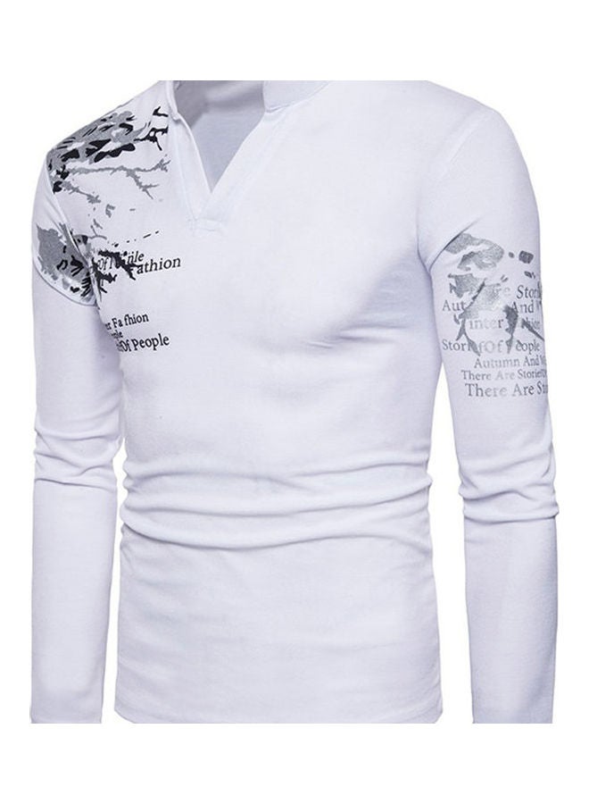 NIBEMINENT Men Flower English Letter Print V-Neck T-Shirt Stand Collar Long Sleeve Tee Top Black  - Image 5