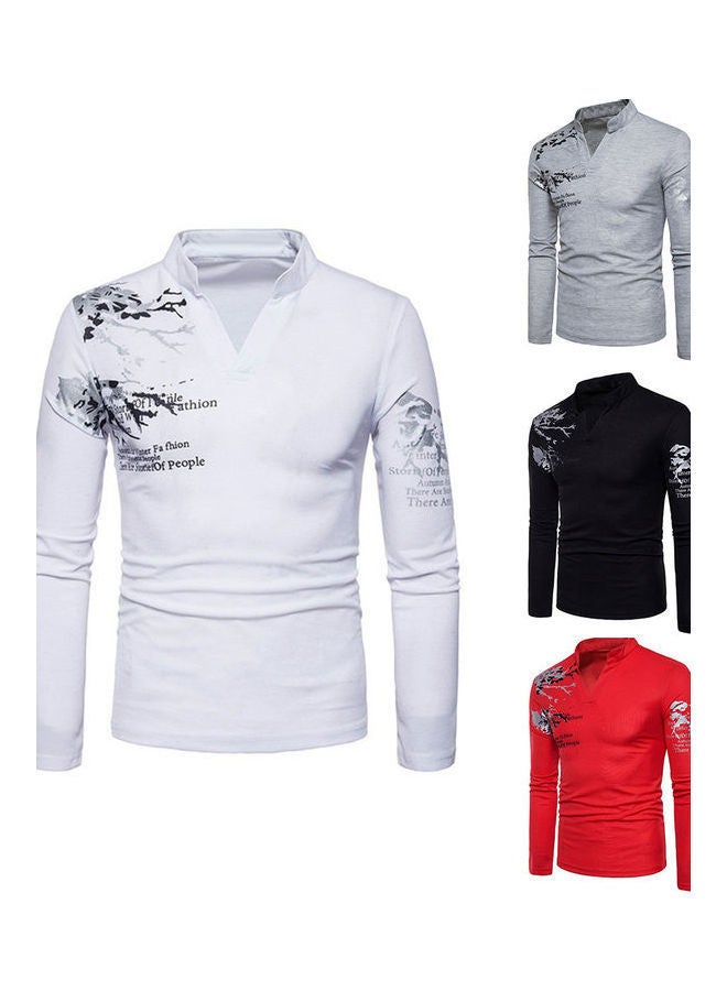 NIBEMINENT Men Flower English Letter Print V-Neck T-Shirt Stand Collar Long Sleeve Tee Top Black  - Image 2