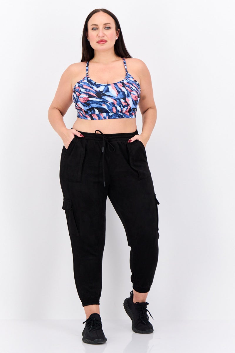 Black Tape Women Plus Size Plain Cargo Pants, Black  - Image 4