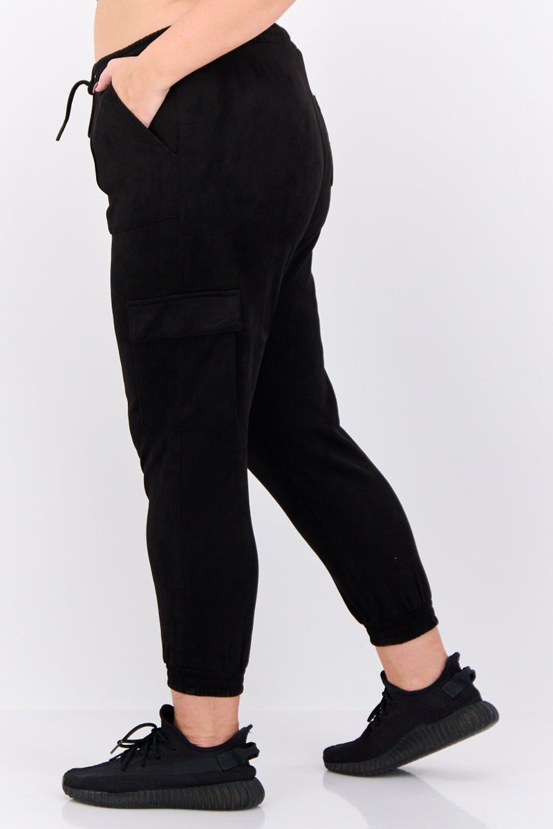 Black Tape Women Plus Size Plain Cargo Pants, Black  - Image 2