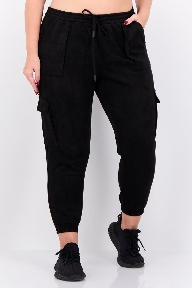 Black Tape Women Plus Size Plain Cargo Pants, Black  - Image 1