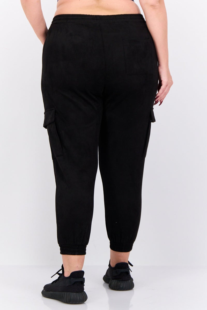 Black Tape Women Plus Size Plain Cargo Pants, Black  - Image 3