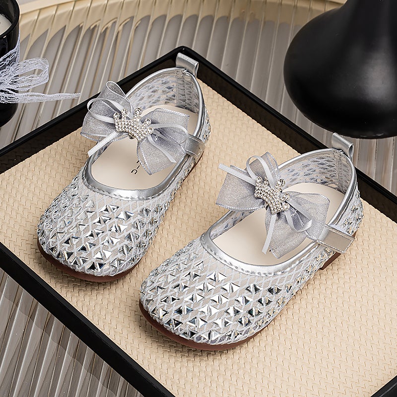 Girls'' Princess Shoes, Summer Breathable Sandals for Baby Girls, Bow-Knot Mary Jane Shoes, Soft-Soled Performance Shoes, Silver Single Shoes - Image 2
