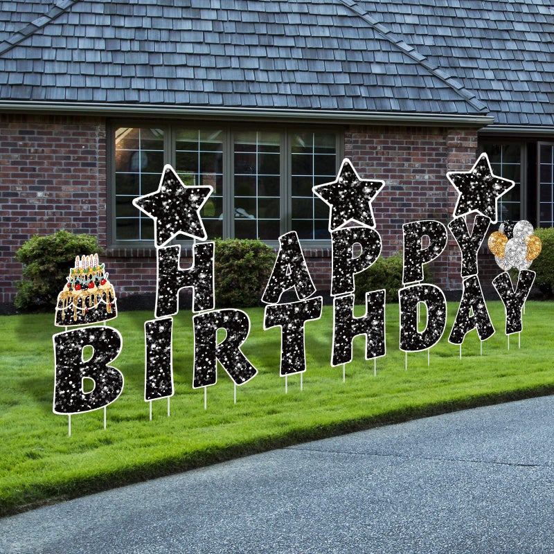 Jetec 18 Pieces Happy Birthday Yard Signs with Stakes 16 Inches Birthday Outdoor Lawn Signs Cake Balloon Patio Decorations Garden Lawn Decorations for Party Outdoor DecorBlack