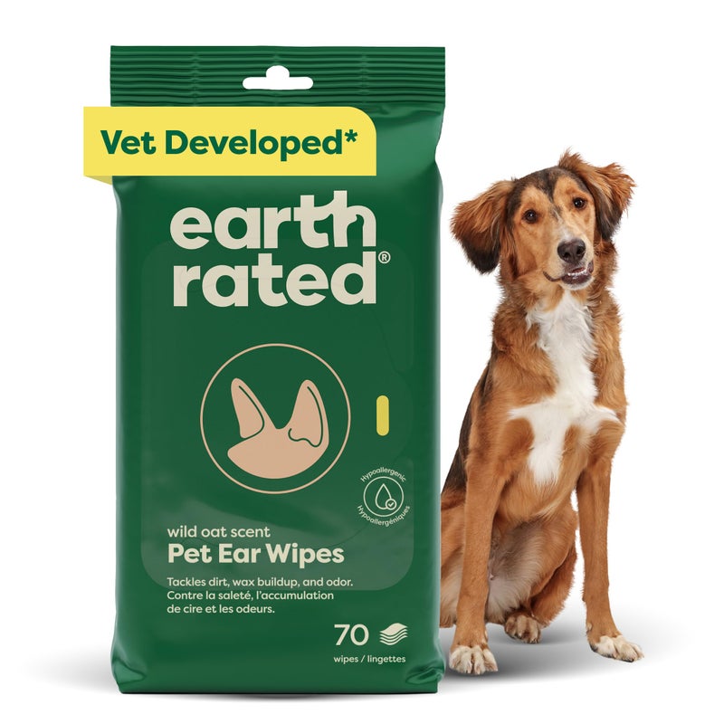 Earth Rated Vet-Developed Pet Ear Wipes, Hypoallergenic Cleaner for Dogs & Cats Ears to Remove Dirt and Wax Build Up, Wild Oat Scent, 70 Count - Image 1