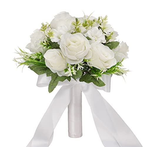 CYANLUX Wedding Bouquets for Bride Bridesmaid Bouquet Champagne White Artificial Roses Flowers for Wedding Valentines Day Church Home Decoration White