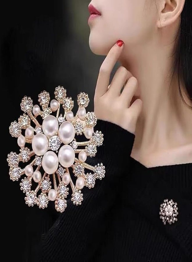 Bitrexup Pearl Crystal Snowflake Flower Design Brooch Pin Badge Fashionable Charming Dress Scarves Shawl Clip Clothes Bags Decoration Jewelry Gift for Women Girls - Image 3