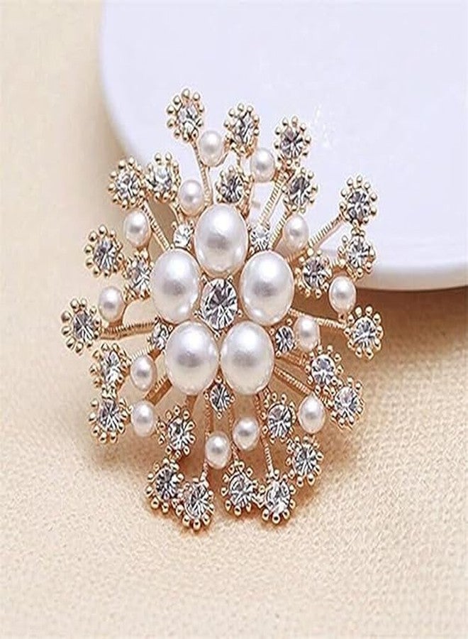 Bitrexup Pearl Crystal Snowflake Flower Design Brooch Pin Badge Fashionable Charming Dress Scarves Shawl Clip Clothes Bags Decoration Jewelry Gift for Women Girls - Image 2