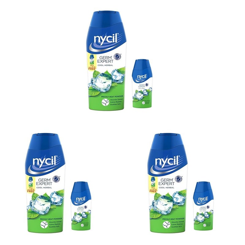 Nycil Germ Expert Cool Herbal Prickly Heat And Cooling Powder  150 G  50 G Free Nycil Cool Herbal Powder  Get Relief From Skin Problems Pack of 3 - Image 1