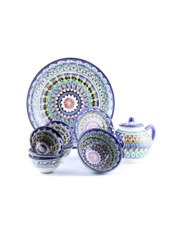 السيد پی مجموعة الشاي والعشاء المصنوعة يدويًا من الطين الأوزبكي الجميل من AlsayedP، إبريق شاي مع أكواب من الفخار الأوزبكي متعدد الألوان، مجموعة كاوا/ كاهوا العربية التقليدية (مجموعة إبريق شاي زرقاء، 11 قطعة)