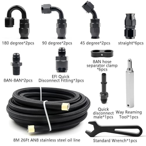 Medoon 8AN PTFE Fuel Line Kit, 13/32" Nylon Stainless Steel Braided, LS Swap EFI E85 Injection Fuel Hose Fitting AN8 26FT - Image 2