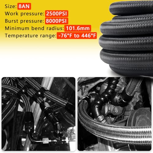 Medoon 8AN PTFE Fuel Line Kit, 13/32" Nylon Stainless Steel Braided, LS Swap EFI E85 Injection Fuel Hose Fitting AN8 26FT - Image 5