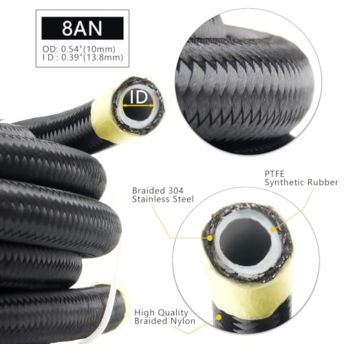 Medoon 8AN PTFE Fuel Line Kit, 13/32" Nylon Stainless Steel Braided, LS Swap EFI E85 Injection Fuel Hose Fitting AN8 26FT - Image 3