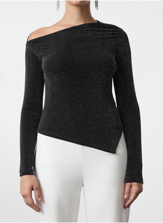 trendyol Anthracite Asymmetric Hem Detailed Knitted Blouse TPRAW25BZ00018  - Image 3