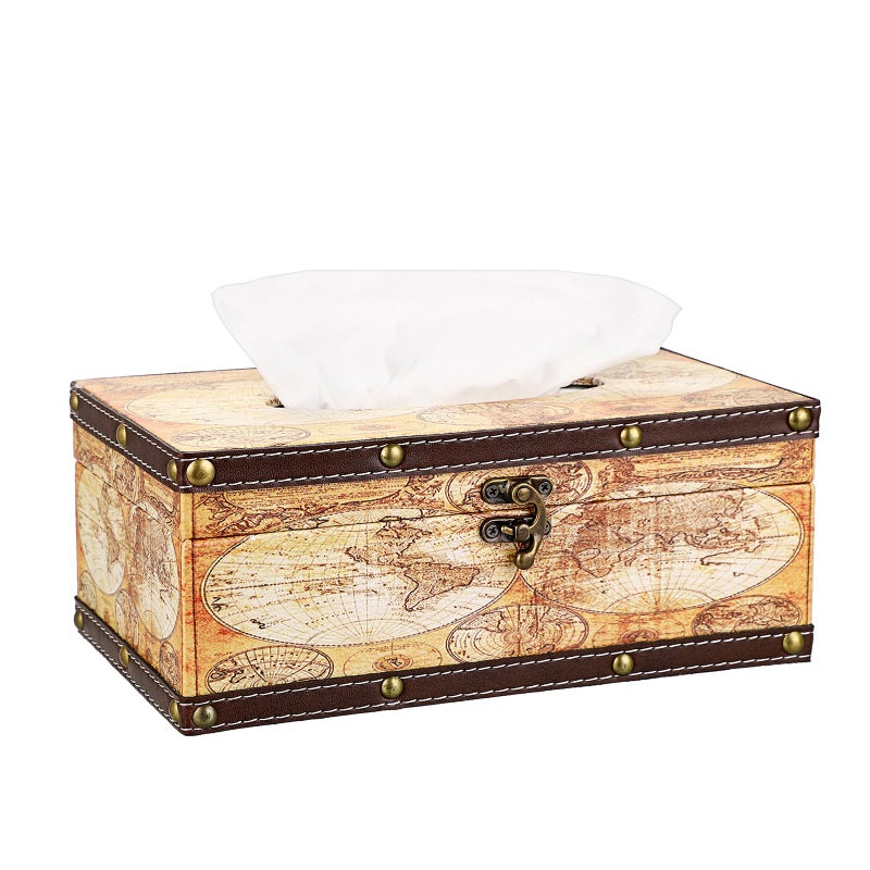 Sumnacon Tissue Box Cover Rectangle Wooden Tissue Box with Lid Vintage Tissue Box Holder with Retro Pattern Rustic Tissue Cover for Bathroom Toilet Living Room Table Desk Office Decor Yellow Map