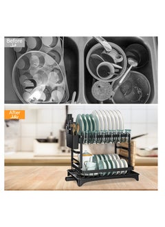 Dish Drying Rack Multifunctional Dish Rack Rustproof Kitchen Dish Drying Rack with Drainboard Space-Saving 2-Tier Dish Drying Rack with Utensil Holder & Cup Holder for Kitchen Counter （Black） - pzsku/ZC7DD8DA82F9023E1E333Z/45/_/1736942325/d4827e69-80ca-47ef-a762-b2304e0adb6a