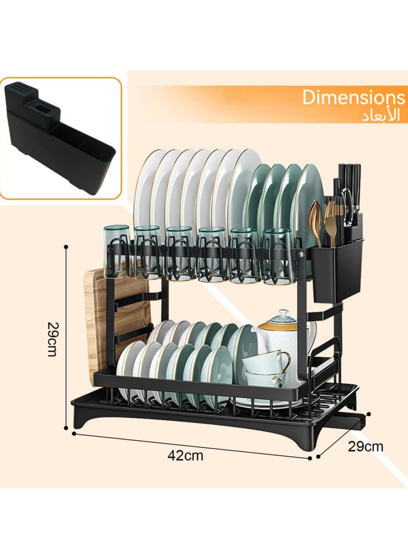 Anmi - Dish Drying Rack Multifunctional Dish Rack Rustproof Kitchen Dish Drying Rack with Drainboard Space-Saving 2-Tier Dish Drying Rack with Utensil Holder & Cup Holder for Kitchen Counter （Black） - Image 1