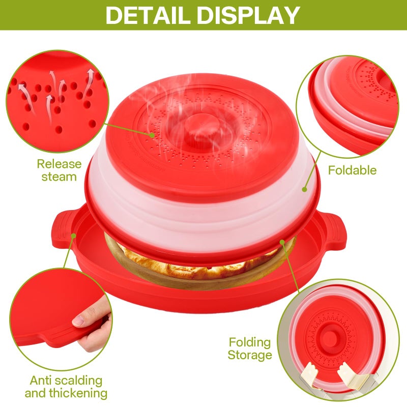 Saebume Microwave Splatter Cover for Food with Anti-scald Base Plate,Large Plastic & Silicone Vented Avoid Scalding Collapsible Guard Lid,Kitchen Essential Gadgets for Meal Prep-10.7 Inch (Red) - Image 5