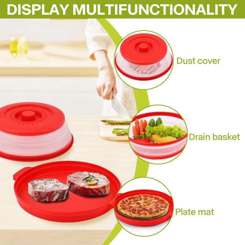 Saebume Microwave Splatter Cover for Food with Anti-scald Base Plate,Large Plastic & Silicone Vented Avoid Scalding Collapsible Guard Lid,Kitchen Essential Gadgets for Meal Prep-10.7 Inch (Red) - Image 4