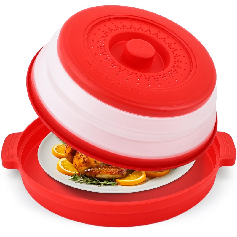 Saebume Microwave Splatter Cover for Food with Anti-scald Base Plate,Large Plastic & Silicone Vented Avoid Scalding Collapsible Guard Lid,Kitchen Essential Gadgets for Meal Prep-10.7 Inch (Red) - Image 1