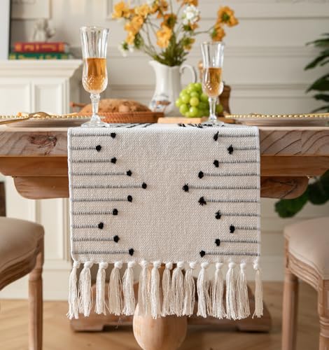 Boho Table Runner 13 x 72 Inch Long Natural Cotton Woven Runner with Tassels for Home Dining Table dcor for Modern Farmhouse Decor Coffee Table Runner Black and Beige
