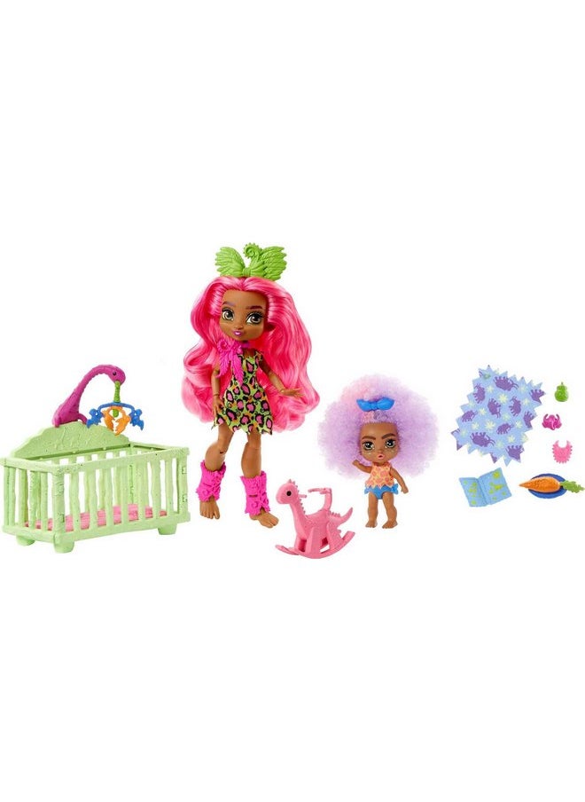 Cave Club Mattel Cave Club Tot Sitting Adventure Babysitting Playset with Fernessa Doll (8 - 10-inch, Pink Hair), Toddler Doll, Crib, Rocking Horse and Accessories, Gift for 4 Year Olds and Up  - Image 1